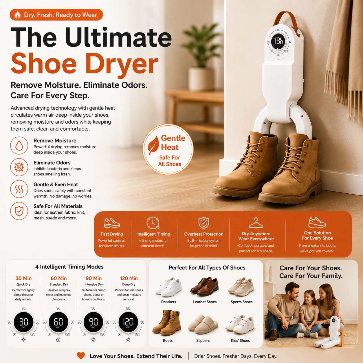 Works with sneakers, leather shoes, boots, slippers and kids' shoes